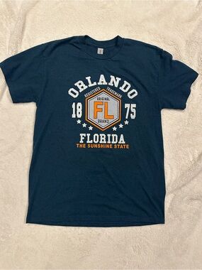 Gildan Navy Blue Orlando Florida Graphic Short Sleeve Tee with Orange Accents